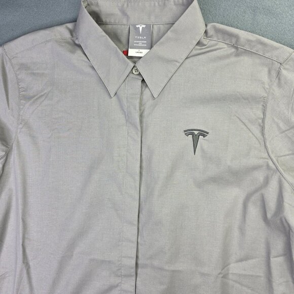 Tesla Shirt Womens L Gray Button Down 3/4 Sleeve Embroidered Logo Stretch Moto - Picture 3 of 13